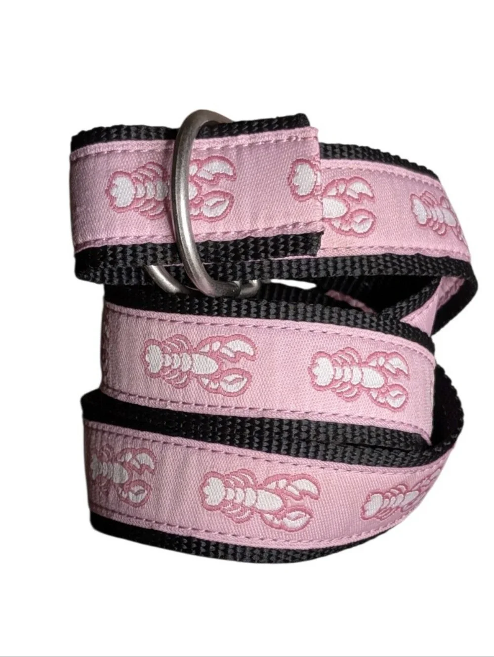 L.L. Bean Maine Isle Lobster Ribbon Belt Pink Black D-Ring Prep Classic S/M